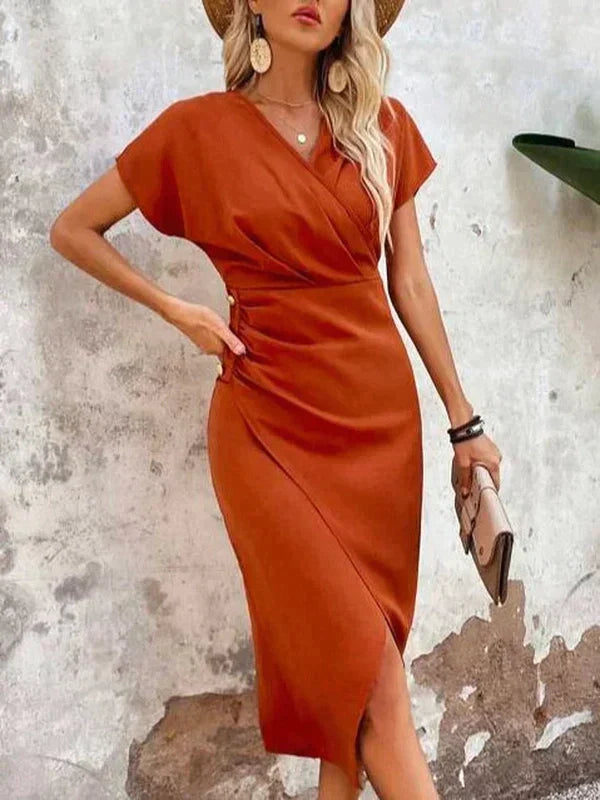 Orangen V-Ausschnitt Midi-Kleid