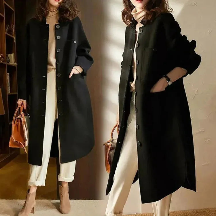 Heidi-Mode | Mantel Lang Elegante Silhouette Breite Revers Bequem Lockere Passform
