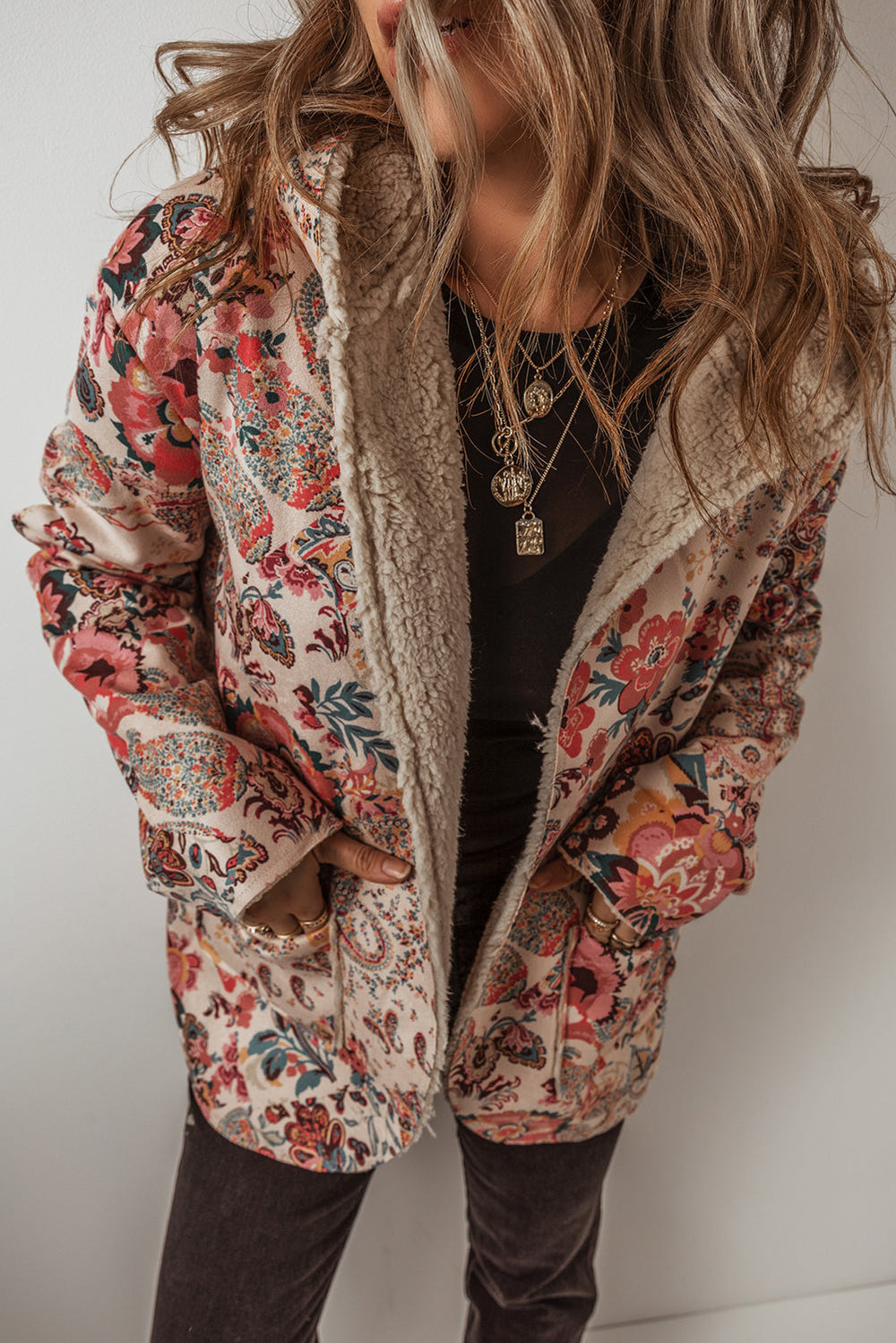 Vintage Paisley Floral Gedruckt Sherpa Gefüttert Jacke Mit Kapuze