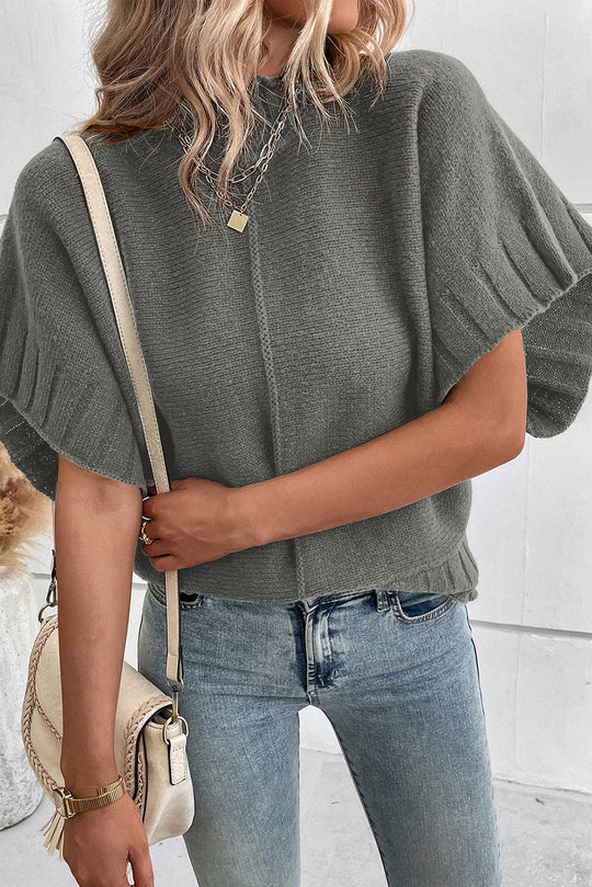 Grey Mock Neck Batwing Kurzarm-Strickpullover