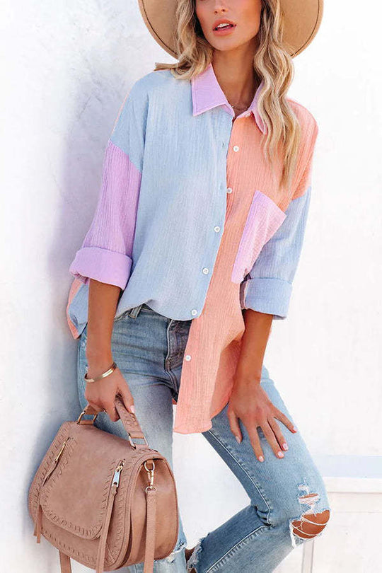 Heidi-Mode | Farbblock Texturoberknopfs Hemd mit Tasche