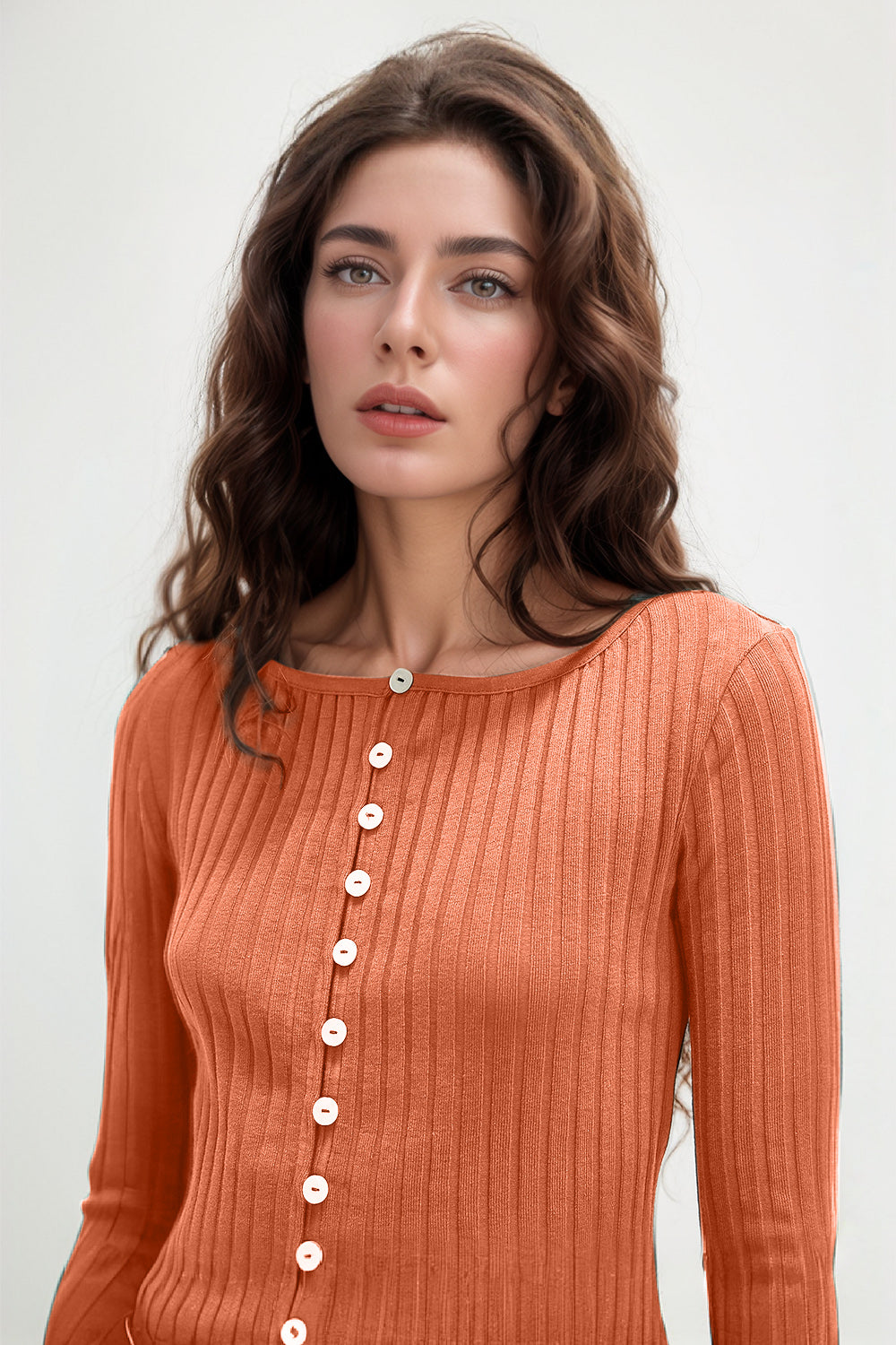 Heidi-Mode | Basic Bae Texture Knopfid Round Neck Langarm Top