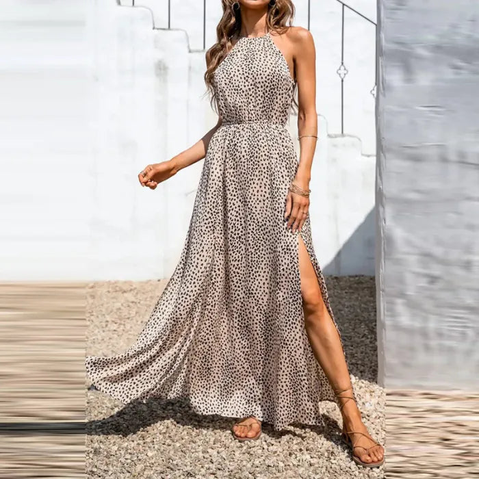 Heidi-Mode | Leopardenmuster Sommerkleid mit Kragen und Ärmellos, Tailliert und Gespleißt, für Frauen