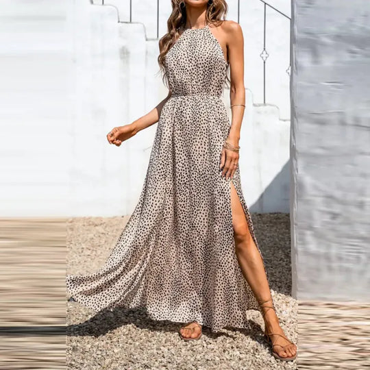 Heidi-Mode | Leopardenmuster Sommerkleid mit Kragen und Ärmellos, Tailliert und Gespleißt, für Frauen