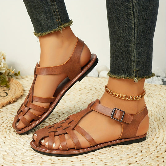 Heidi-Mode | Gewebte Flache Sandalen für Damen Vintage Stil, Geschlossener Zeh, Schnallenverschluss