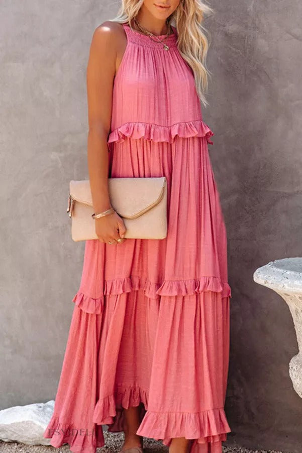 Heidi-Mode | Vittoria Raffung Rüsche Schichten Maxi Halter Kleid