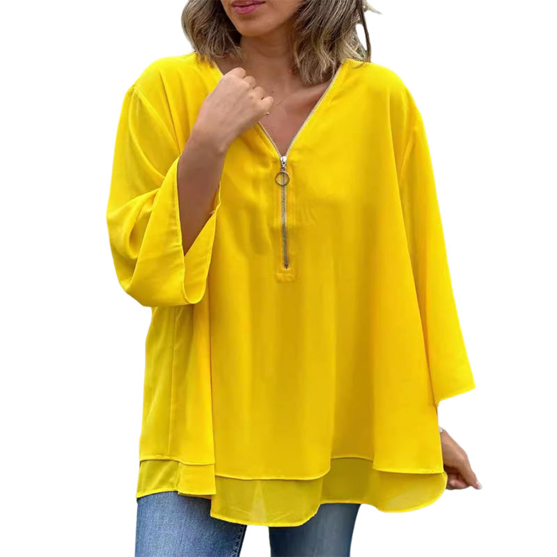 Heidi-Mode | Chiffon Reißverschluss Top mit V-Ausschnitt