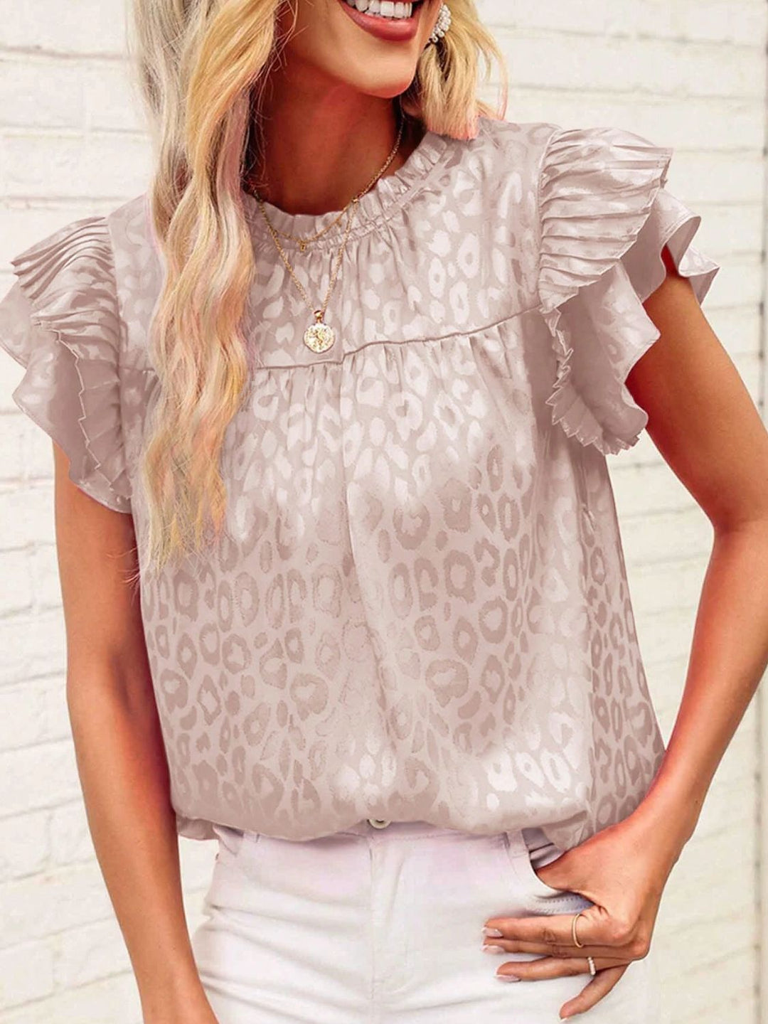 Heidi-Mode | Leopard Frill Mock Neck Rüschenshirt mit Cap Sleeves