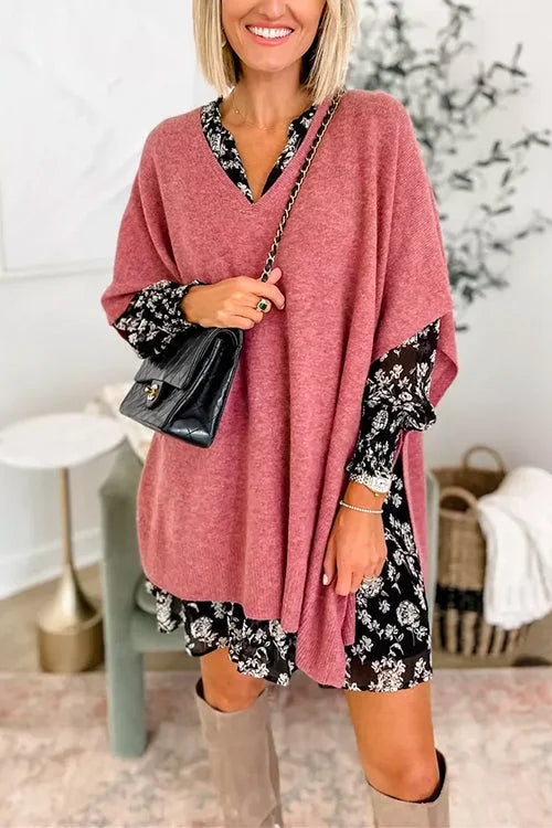 Heidi-Mode | V-Ausschnitt Poncho Pullover mit elegantem lockeren Schnitt