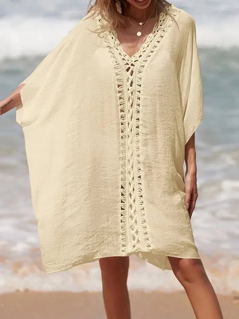 Heidi-Mode | Strand Kimono Leicht und Luftig V-Ausschnitt mit Spitzen Details Kurze Ärmel