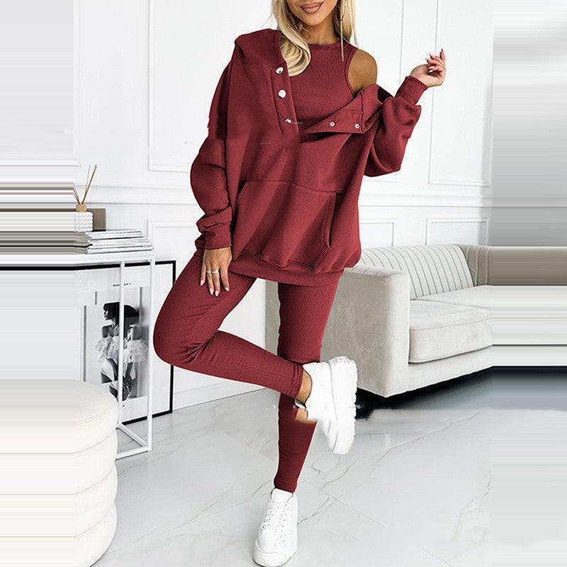 Heidi-Mode | 3-Teiliger Damen Sportanzug Lockere Kapuzenpullover Slim Hosen
