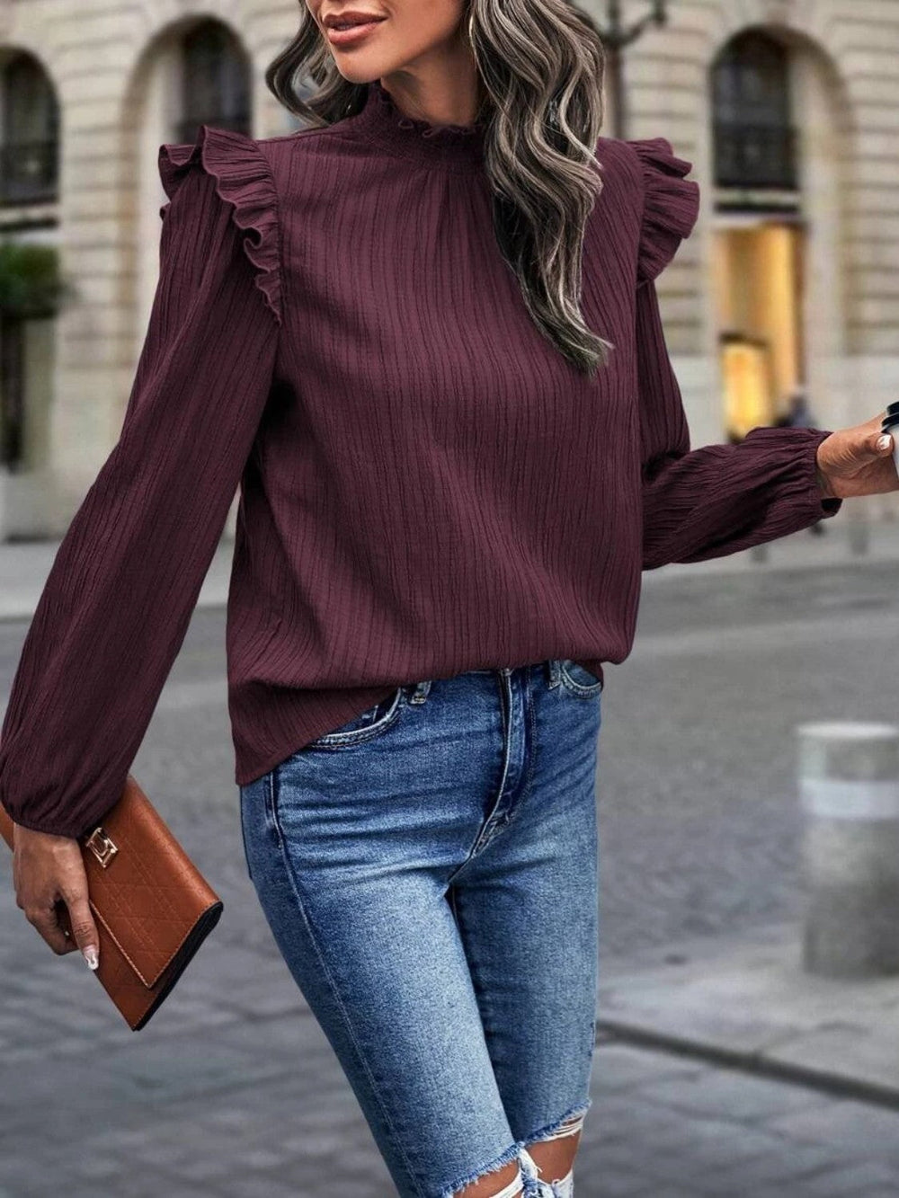 Heidi-Mode | Stehkragen Rüsche Schulter Bluse