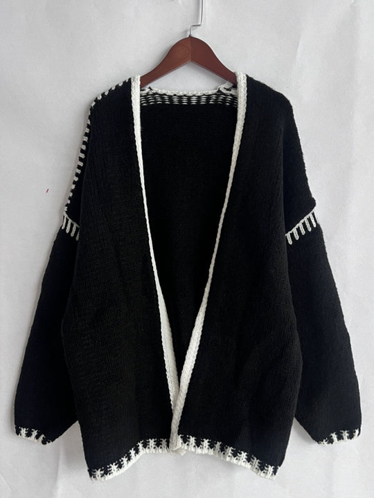 Heidi-Mode | Double Take Kontrast Offene Vorderseite Herunterfallende Schulter Strickjacke