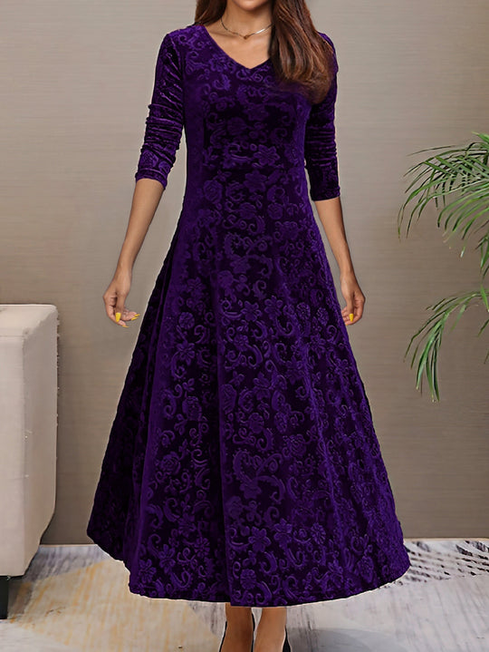 Heidi-Mode | Stilvolles Samtkleid mit Blumenmuster, V-Ausschnitt und Langen Ärmeln für Damen Ideal für Den Sommer