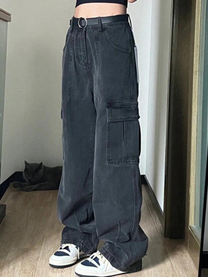Heidi-Mode | Weinlese Großen Taschen Hängedetail Cargo Jeans