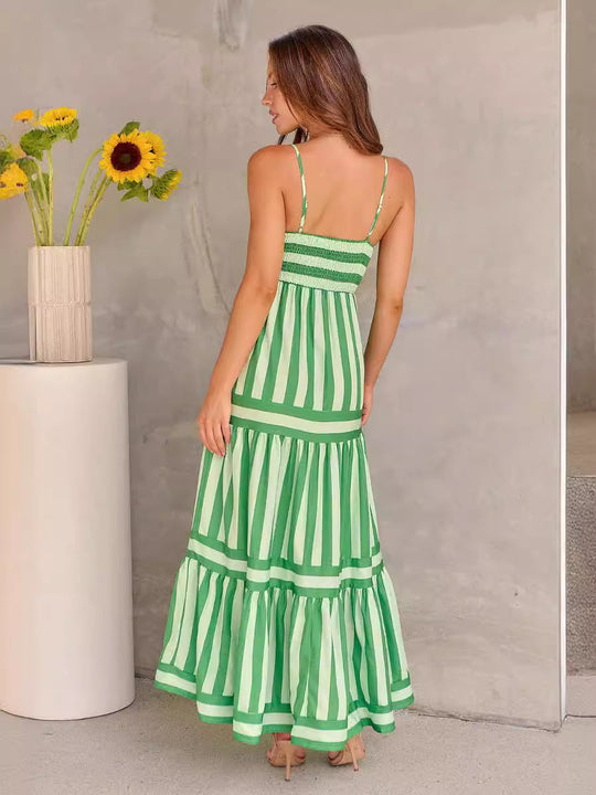 Heidi-Mode | Charlotte Sommerstreifen Gedruckt Träger Lange Kleid mit Taschen, Mode Rechteckiger Ausschnitt, Rückenfreie Kleider für Strandurlaub Damen Kleidung
