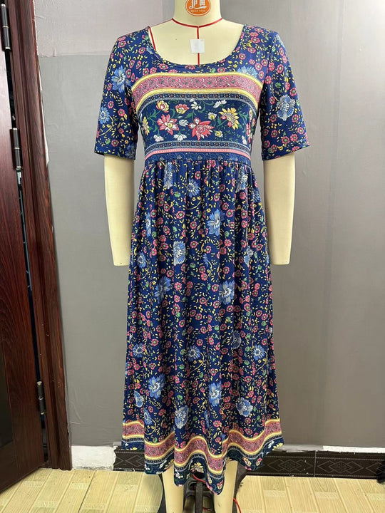 Heidi Mode | Rundhalsausschnitt Kurzarm Bohemian Print Kleid Frauen
