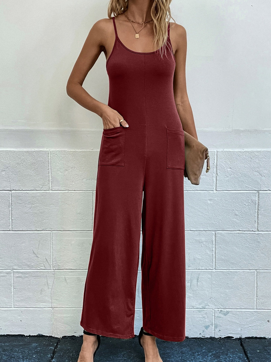 Heidi-Mode | mit Taschen Spaghetti-Träger Weit Bein Jumpsuit