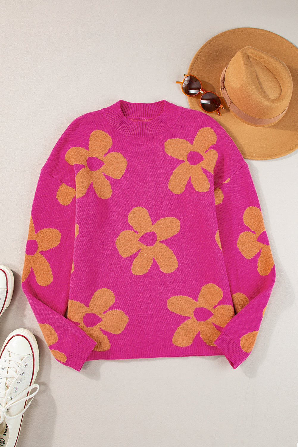 Große Blume Muster Mock Neck Long Sleeve Pullover