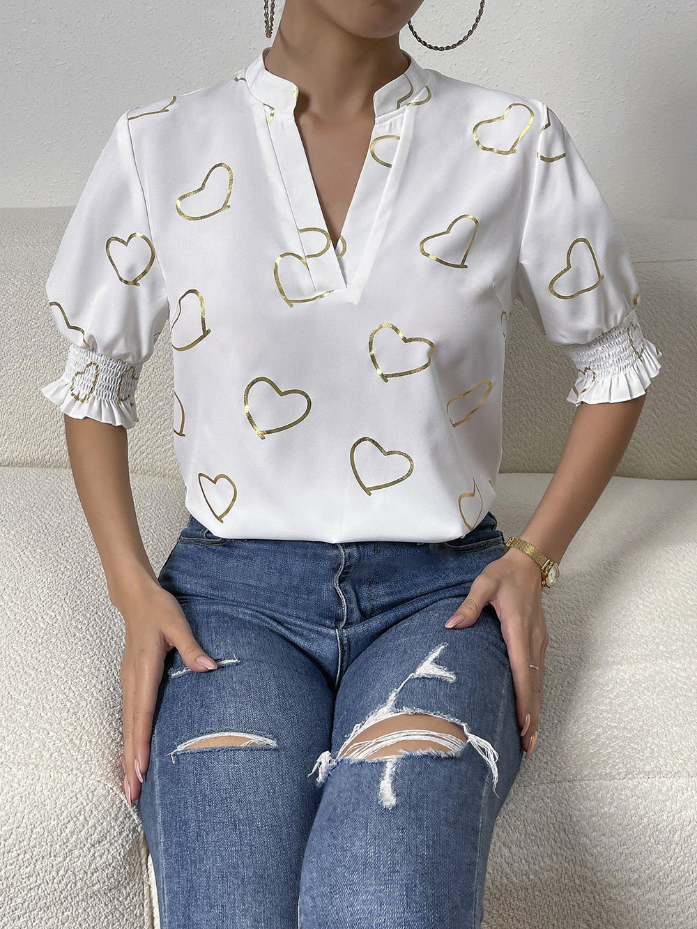 Heidi-Mode | Herzdruck Notched Neck Halbarm Bluse