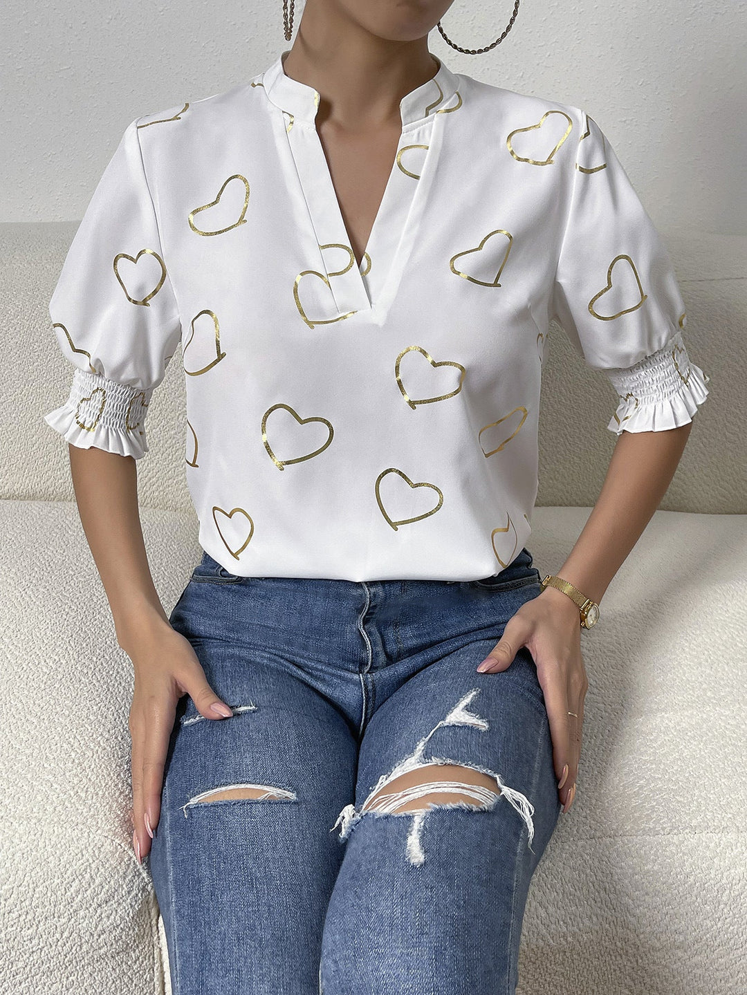 Heidi-Mode | Herzdruck Notched Neck Halbarm Bluse