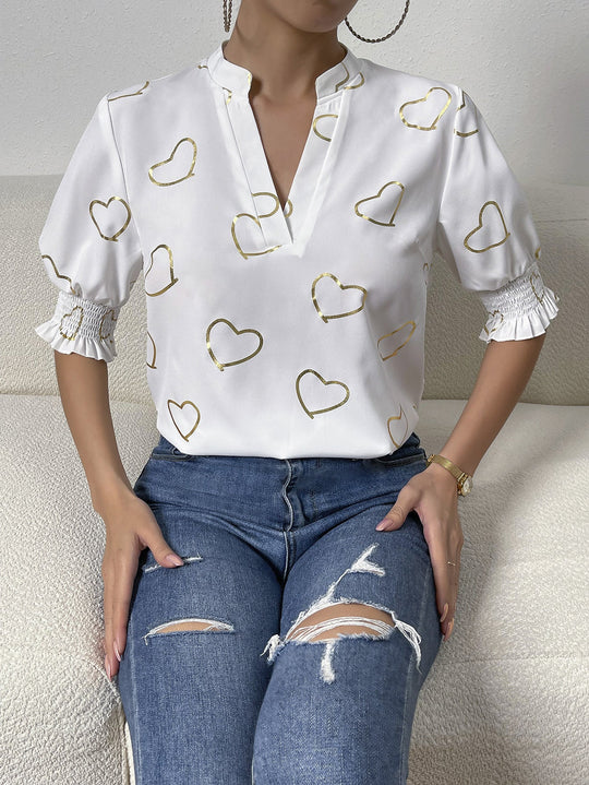 Heidi-Mode | Herzdruck Notched Neck Halbarm Bluse