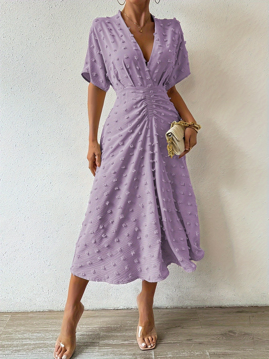 Heidi-Mode | Swiss Dot Raffung Falten Plunge Neck Kurzarm Midi Festliches Kleid Für Frauen - Ideal Für Den Frühling