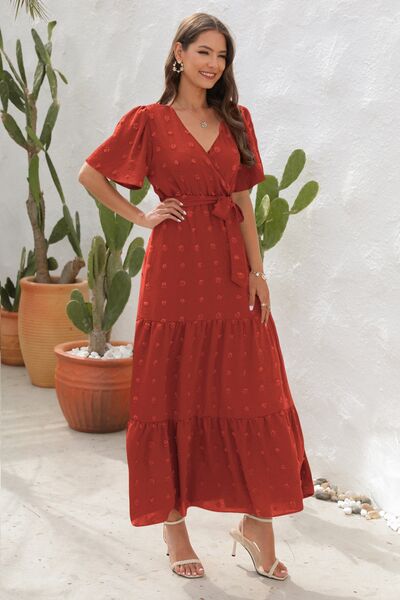 Heidi-Mode | Swiss Dot Gebunden Surplice Kurzarmkleid