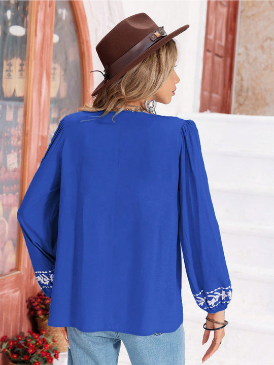 Heidi-Mode | Florale Bindekragen Bluse mit Ballonärmeln