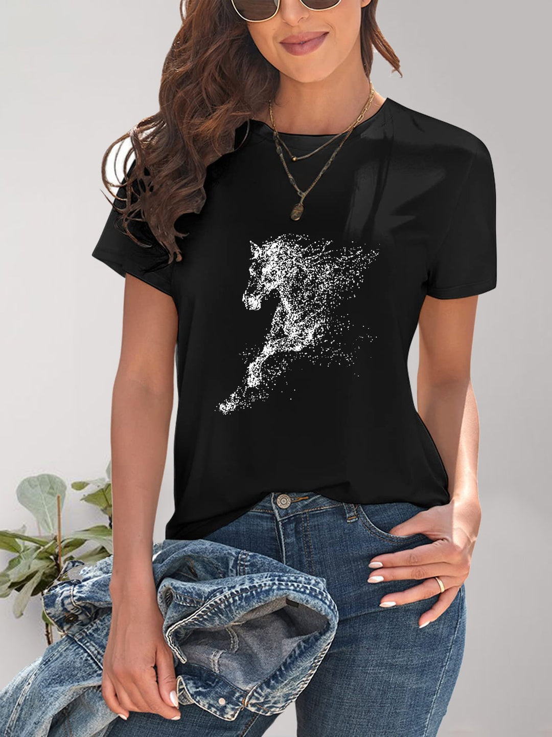 Heidi-Mode | Pferd Rundhals Kurzarm T-Shirt