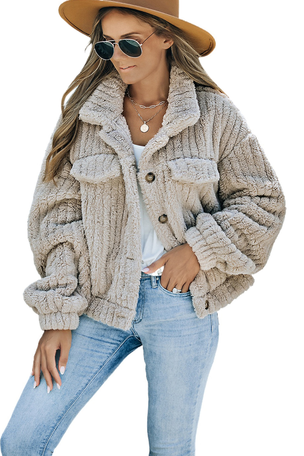 Unifarbene Plüsch Fleece Jacke Mit Knopfleiste