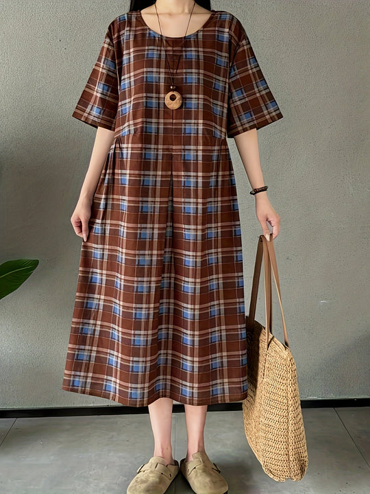 Heidi-Mode | Leinenkleid mit Karos Boho Stil Große Größen, mit Rundhalsausschnitt und Taschen