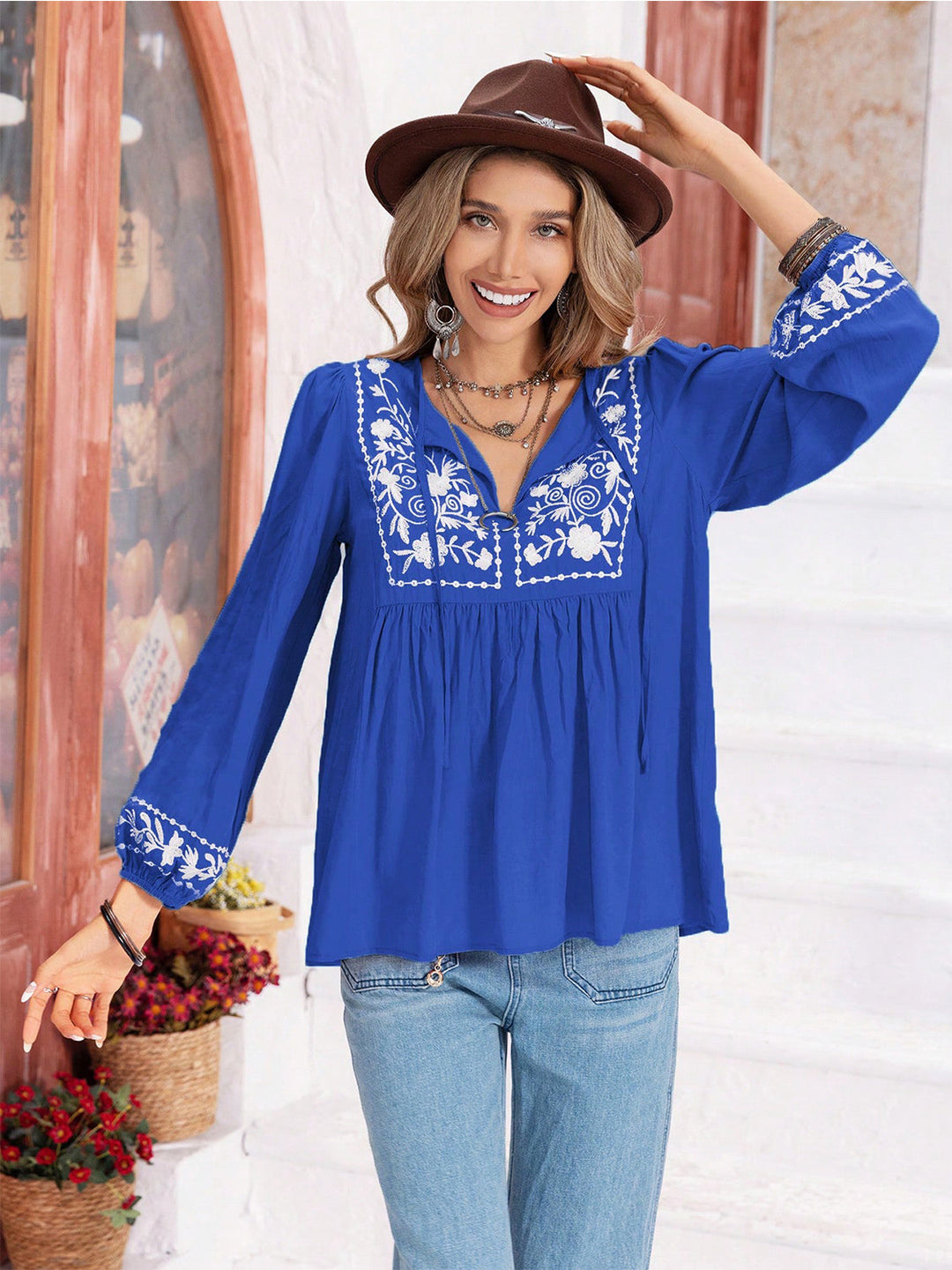 Heidi-Mode | Florale Bindekragen Bluse mit Ballonärmeln