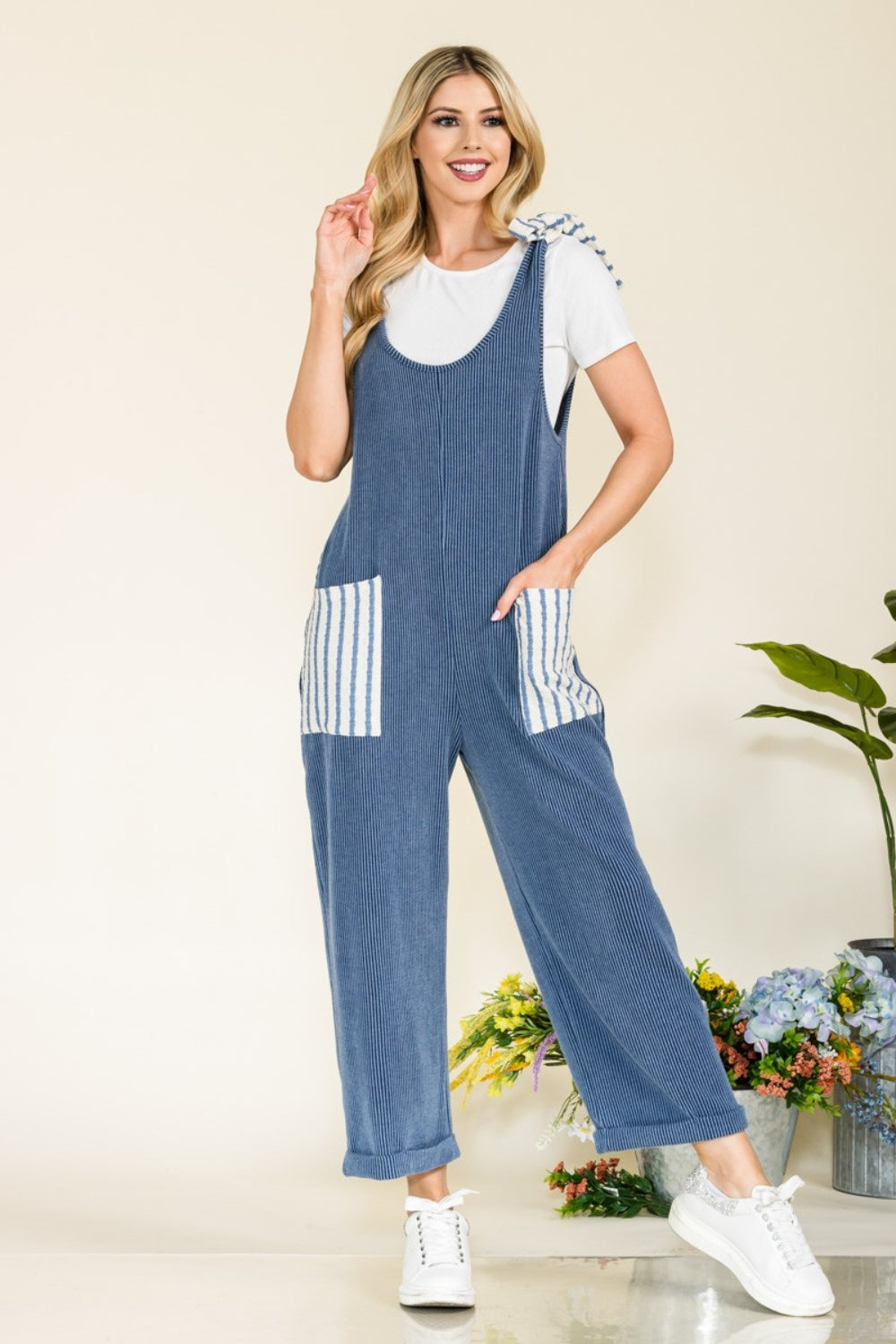 Heidi-Mode | Celeste Full Size Streifen Kontrast Tasche Rippen Overall
