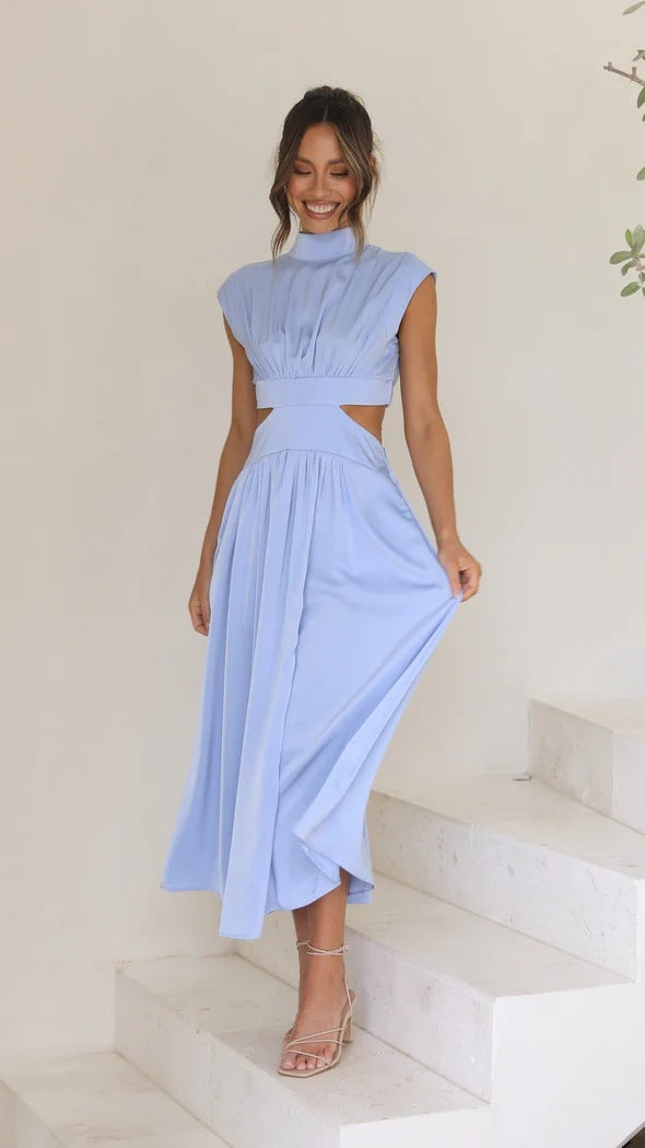 Heidi-Mode | Sommerliche Midikleid mit Hohem Kragen In Soliden Farben