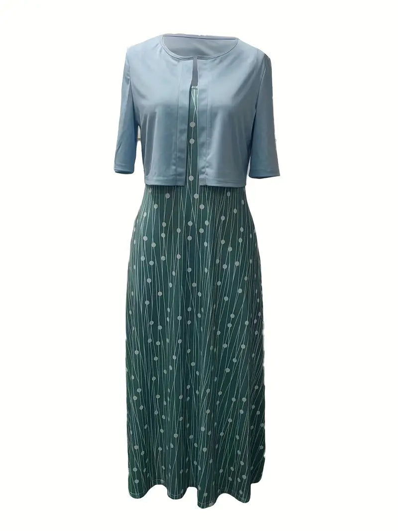 Heidi-Mode | Elegante Zweiteilige Blumenkleid-Set mit Einfarbigem Crop-Top und Rundhalskleid