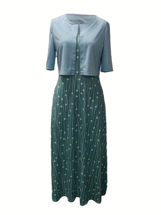 Heidi-Mode | Elegante Zweiteilige Blumenkleid-Set mit Einfarbigem Crop-Top und Rundhalskleid