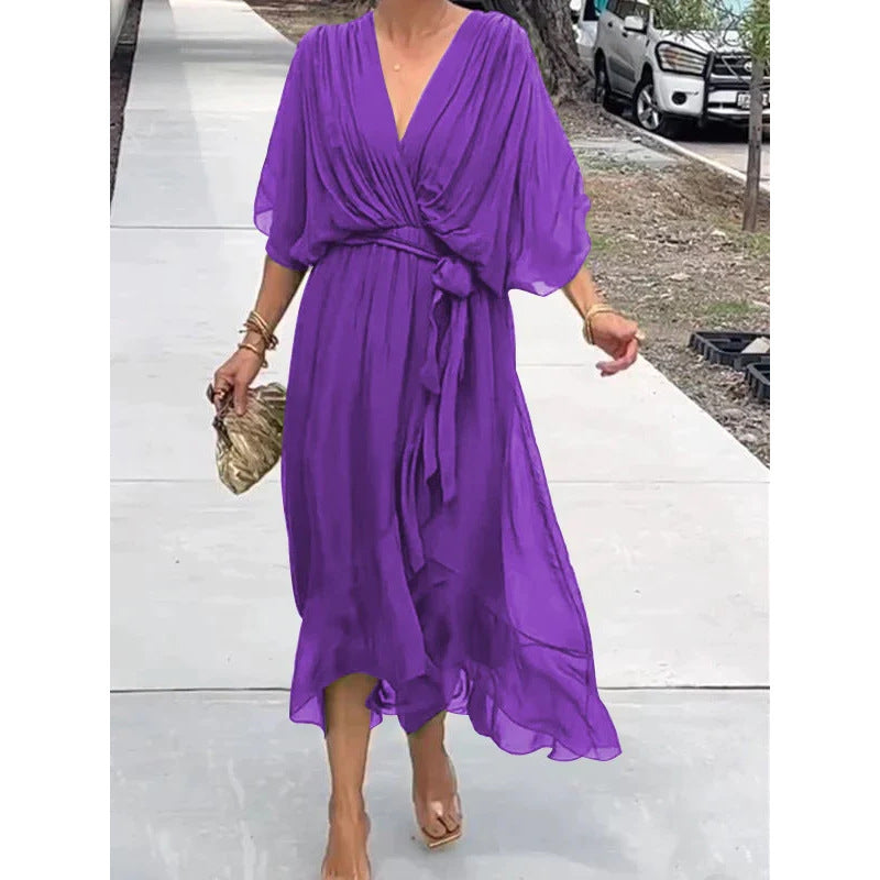 Heidi-Mode | V-Ausschnitt Sommerkleid mit Fledermausärmeln Im Unifarben Design