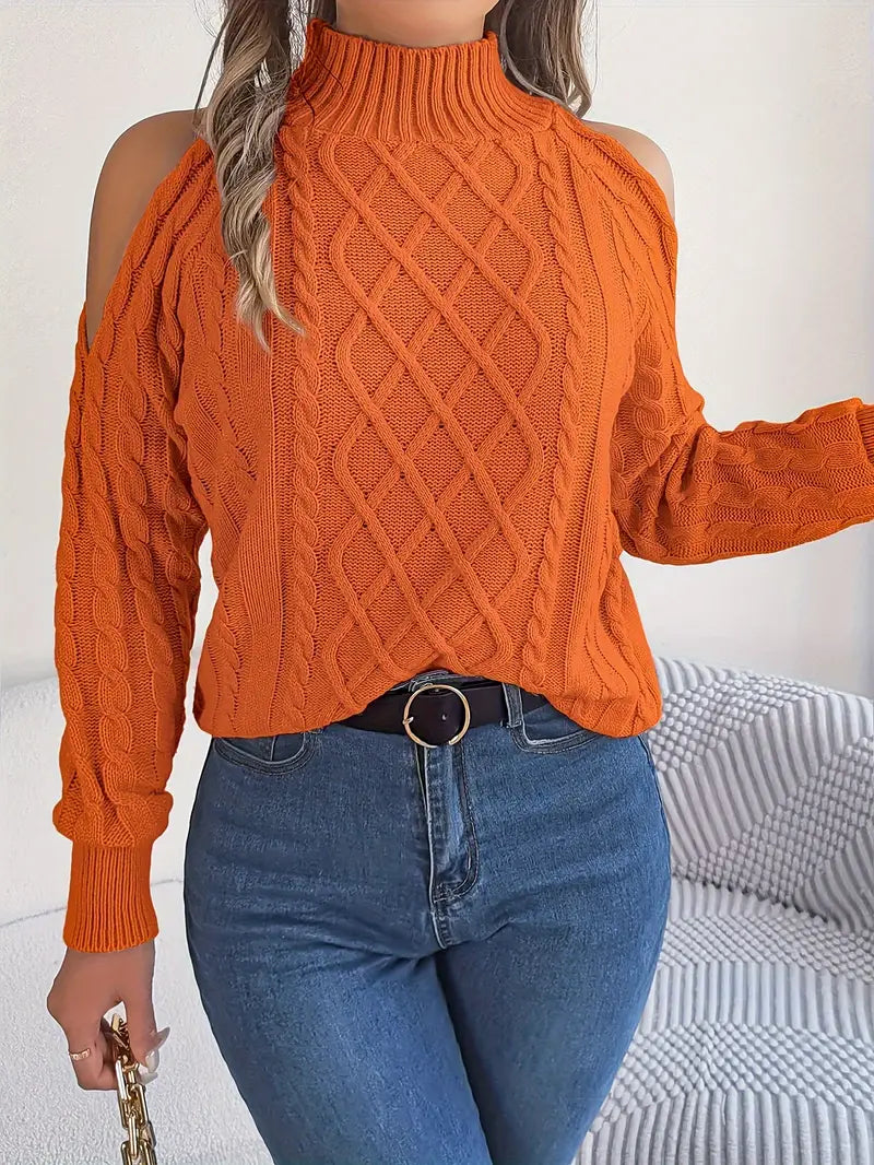 Heidi-Mode | Twist Lässiger Rollkragenpullover Mit Kalten Schultern Aus Kabelstrick