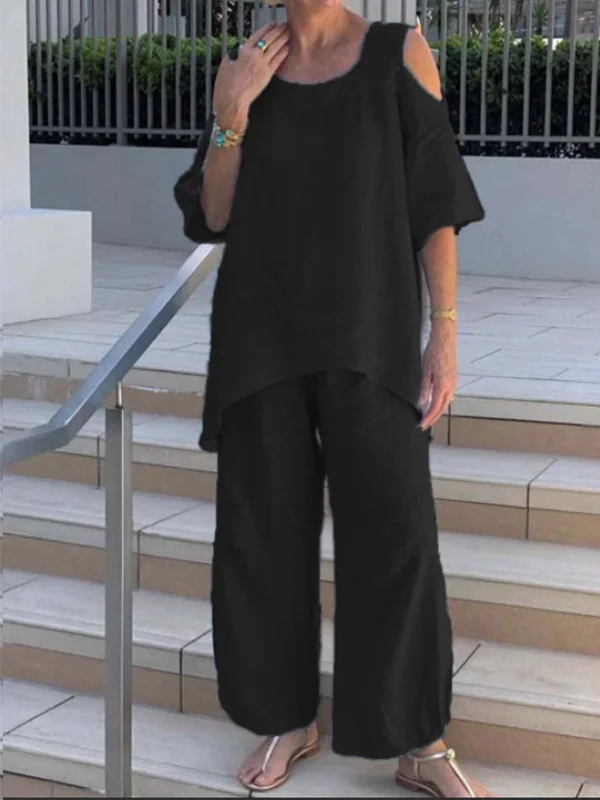 Heidi-Mode | Kurze Ärmel Baumwollleinen Hose mit Rundhalsausschnitt für Frauen Andrea
