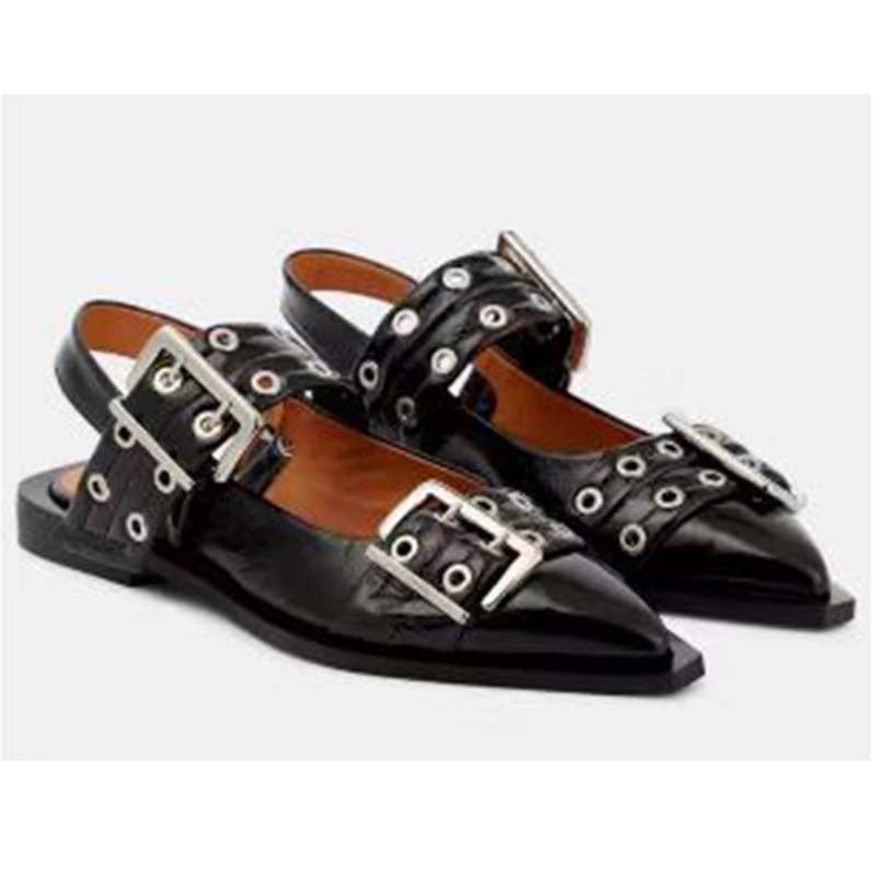 Heidi-Mode | Spitz Zehen Gürtel Schnalle Mules Leder Flach Sandalen