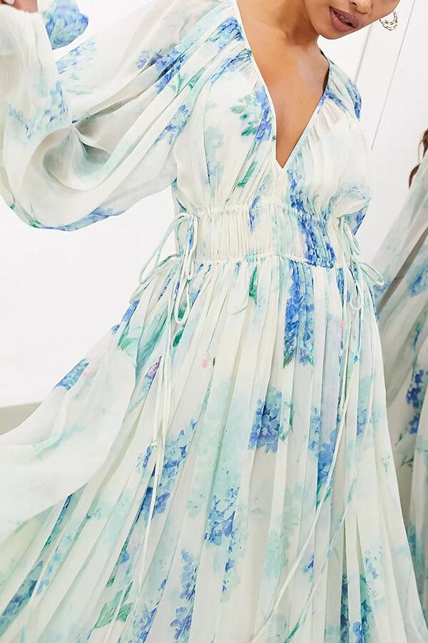 Heidi-Mode | Auf Zu Den Ozean Chiffon Blumen Knopftaille Maxi Kleider