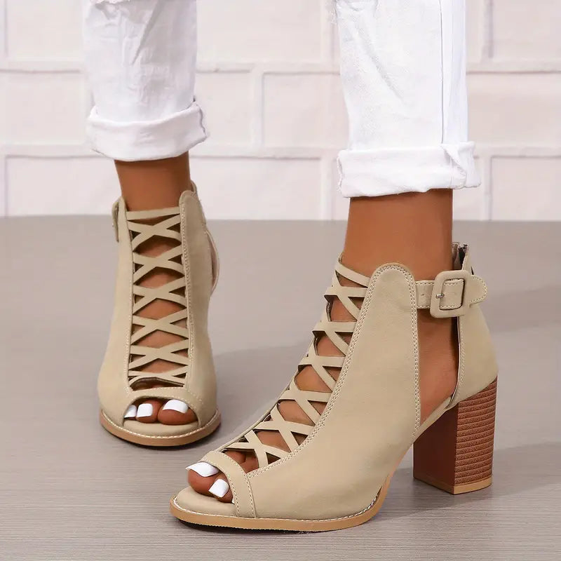Heidi-Mode | Wunderschöne Peep Toe Sandalen Vintage Stil mit Dickem Absatz