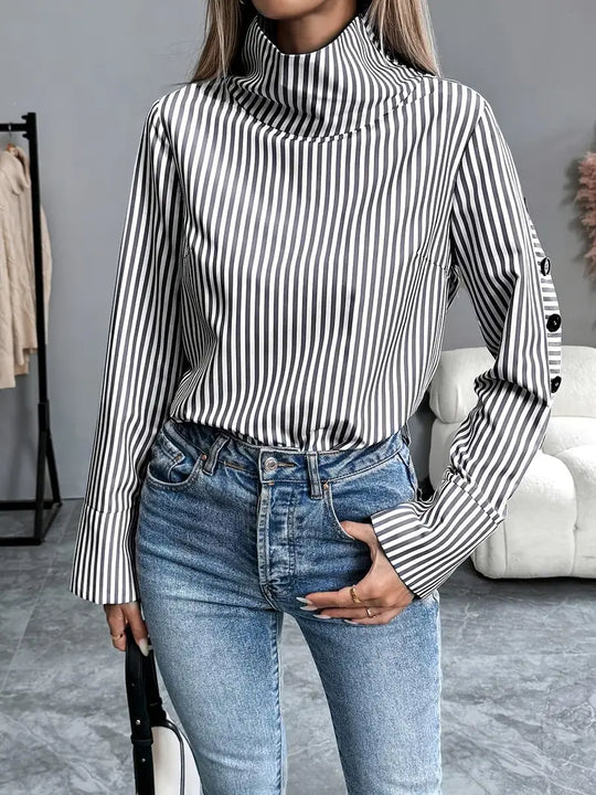 Heidi-Mode | Gestreifte Bluse mit Hohem Kragen