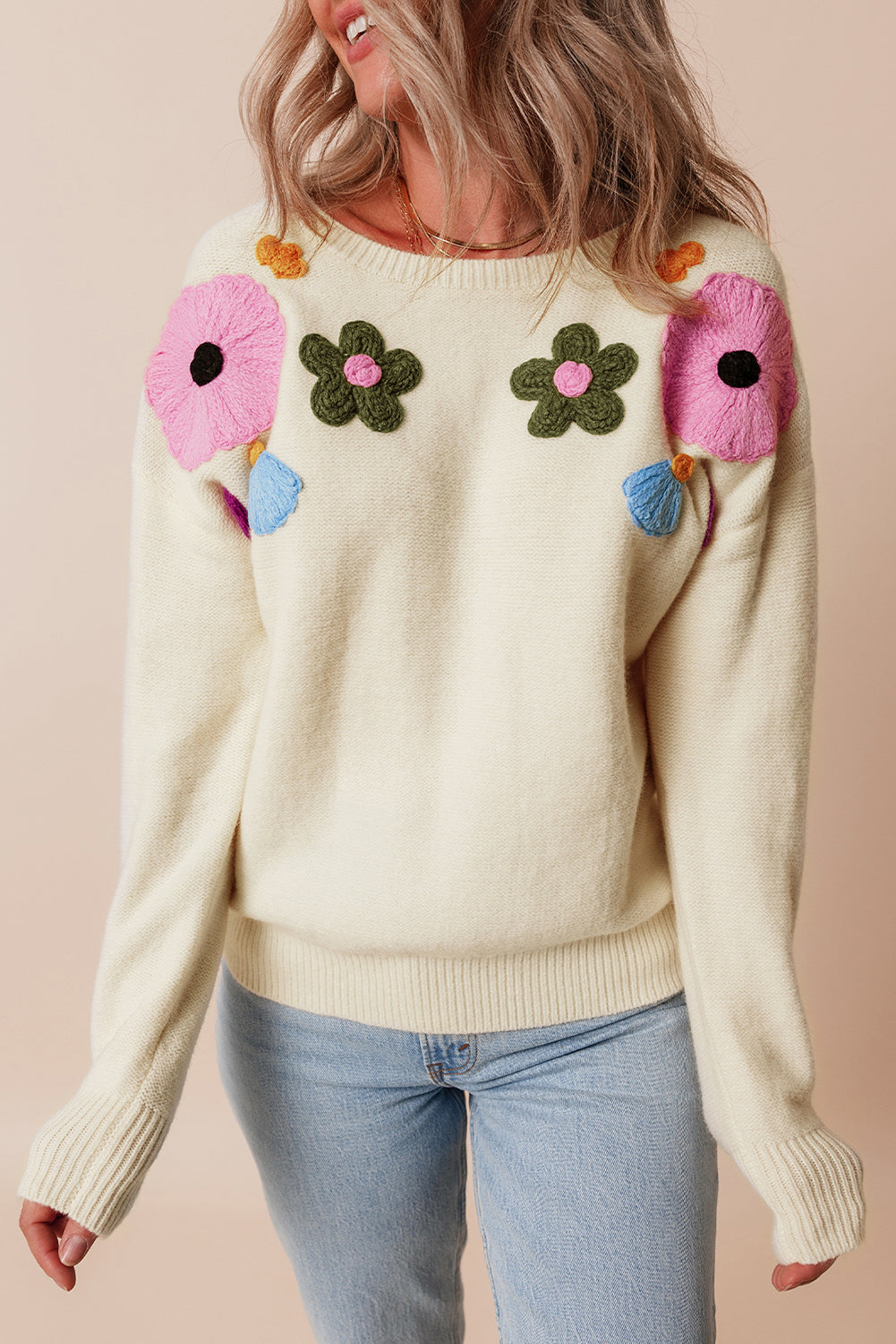 Heidi-Mode | Strickpullover Mit Blumenmuster Und Gerippten Kanten