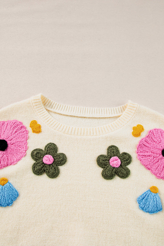 Heidi-Mode | Strickpullover Mit Blumenmuster Und Gerippten Kanten