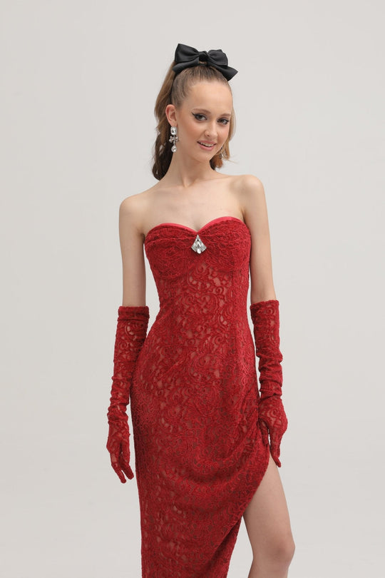 Heidi-Mode | Rote Verzierte Midi Kleid (mit Handschuhen)