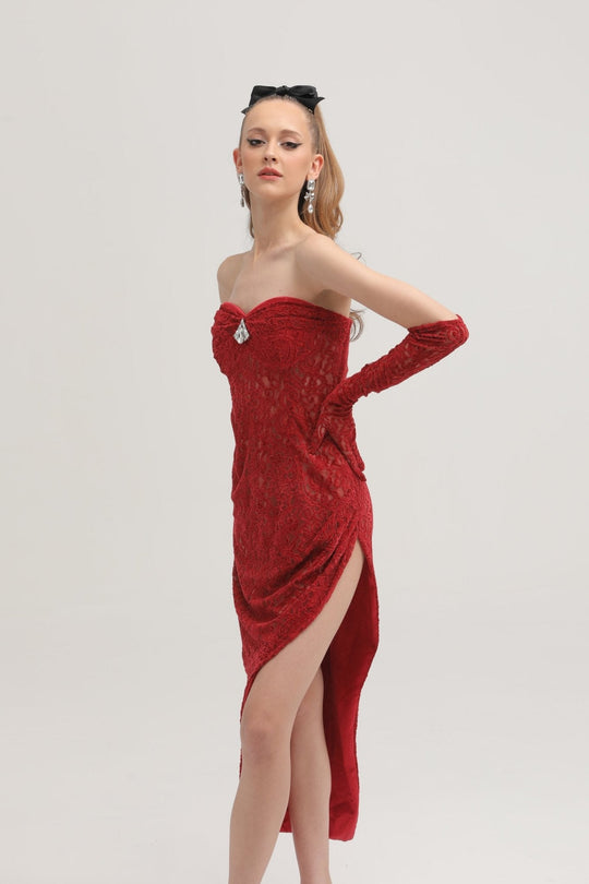 Heidi-Mode | Rote Verzierte Midi Kleid (mit Handschuhen)