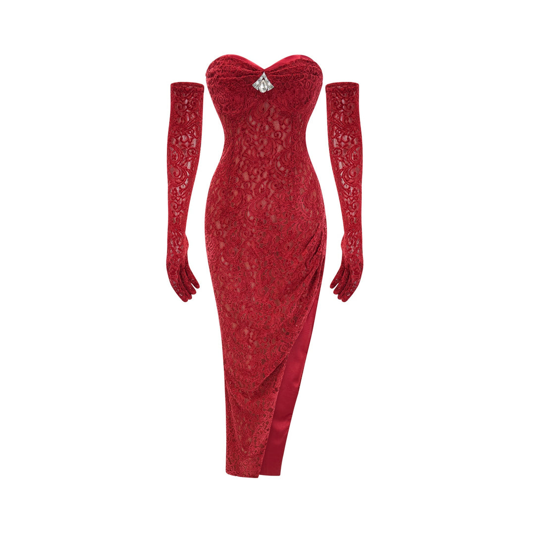 Heidi-Mode | Rote Verzierte Midi Kleid (mit Handschuhen)