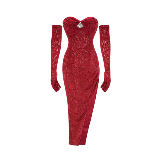 Heidi-Mode | Rote Verzierte Midi Kleid (mit Handschuhen)